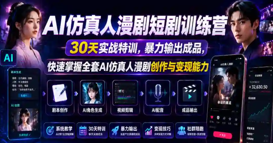 AI仿真人漫剧短剧训练营,30天实战特训,暴力输出成品,快速掌握全套AI仿真人漫剧创作与变现能力 AI仿真人漫剧短剧训练营,30天实战特训,暴力输出成品,快速掌握全套AI仿真人漫剧创作与变现能力