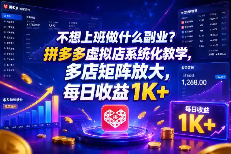 揭秘不想上班做什么副业?拼多多虚拟店系统化教学,多店矩阵放大,每日收益1K+
