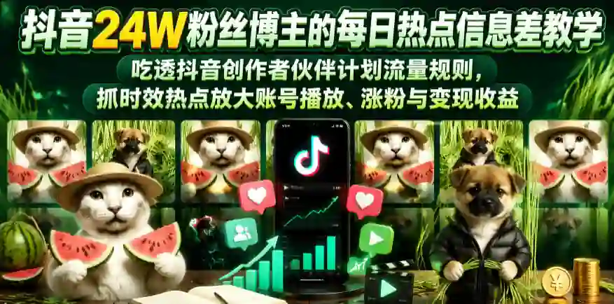 抖音24W粉丝博主的每日热点信息差教学,吃透创作者伙伴计划流量规则,抓时效热点放大账号播放、涨粉与变现收益(更新)